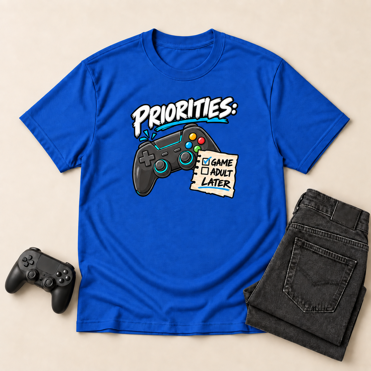 Priorities: Game Now, Adult Later royal gaming T-shirt flat-lay mockup