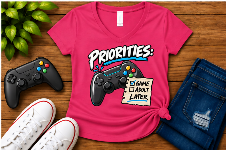 Priorities: Game Now, Adult Later — Women's Fit Berry flat-lay