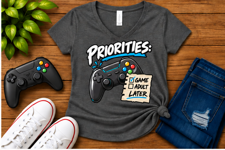 Priorities: Game Now, Adult Later — Women's Fit Dark Grey Heather flat-lay