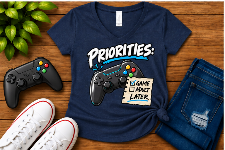 Priorities: Game Now, Adult Later — Women's Fit Heather Navy flat-lay