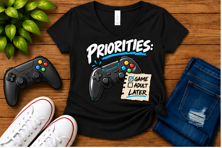 Priorities: Game Now, Adult Later — Women's Fit Solid Black Blend flat-lay