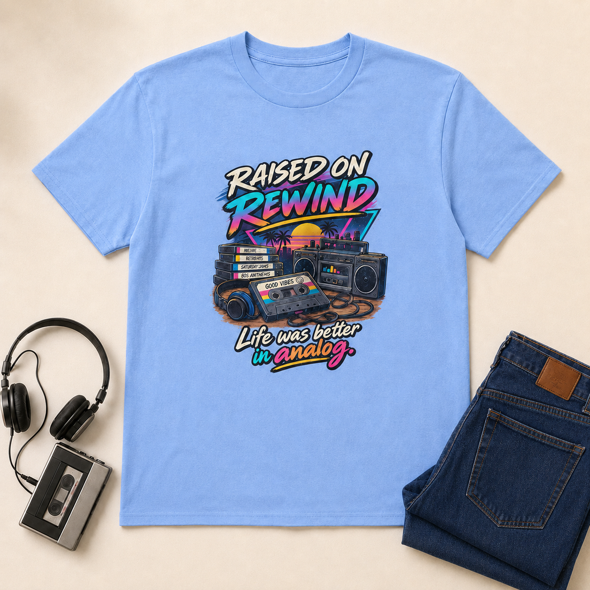 Raised on Rewind Retro T-Shirt standardized flat-lay mockup