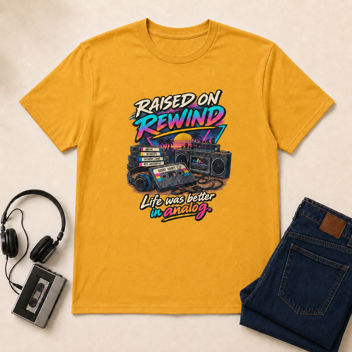 Raised on Rewind Retro T-Shirt - Gold
