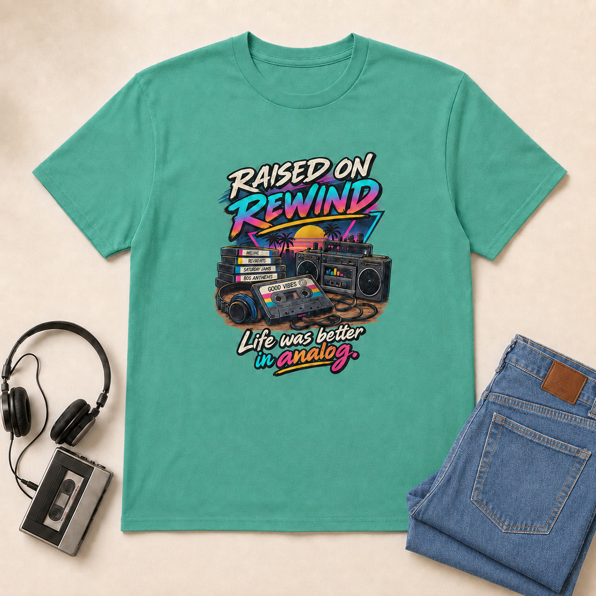Raised on Rewind Retro T-Shirt - Jade Dome