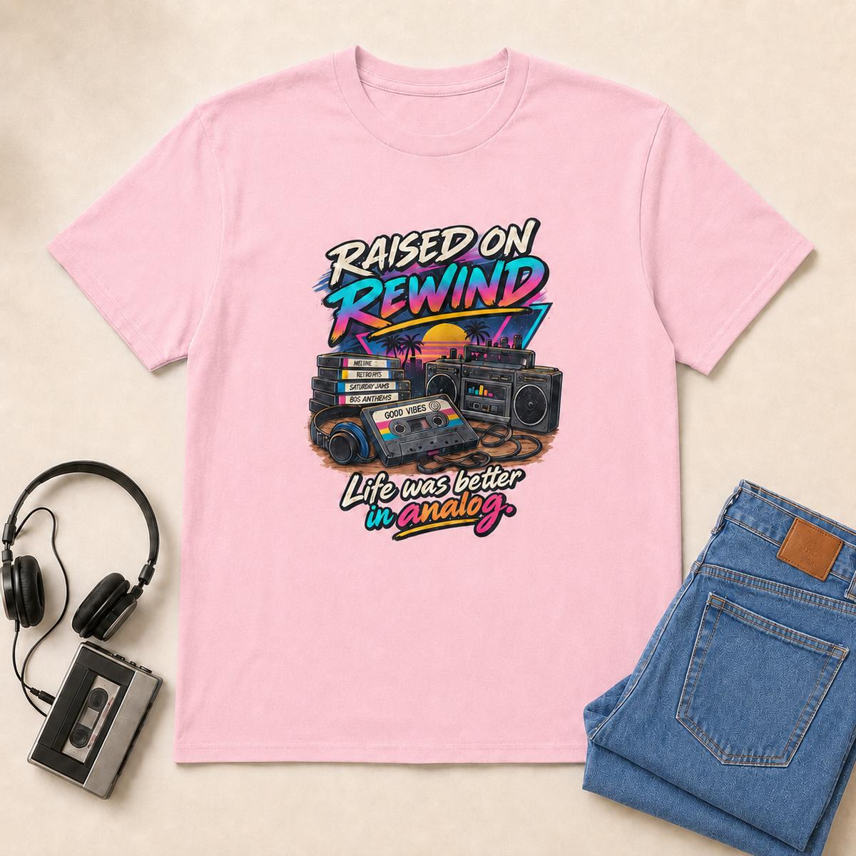Raised on Rewind Retro T-Shirt - Light Pink