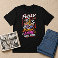 Fueled on Ramen Anime T-Shirt flat-lay with medium-blue folded jeans