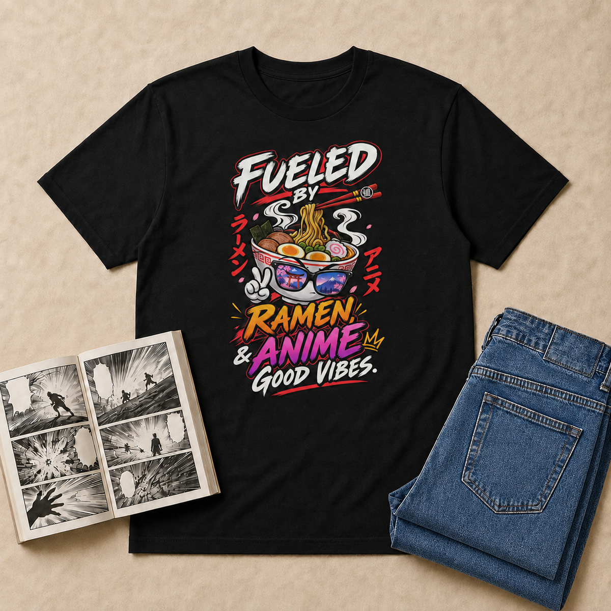 Fueled on Ramen Anime T-Shirt flat-lay with medium-blue folded jeans