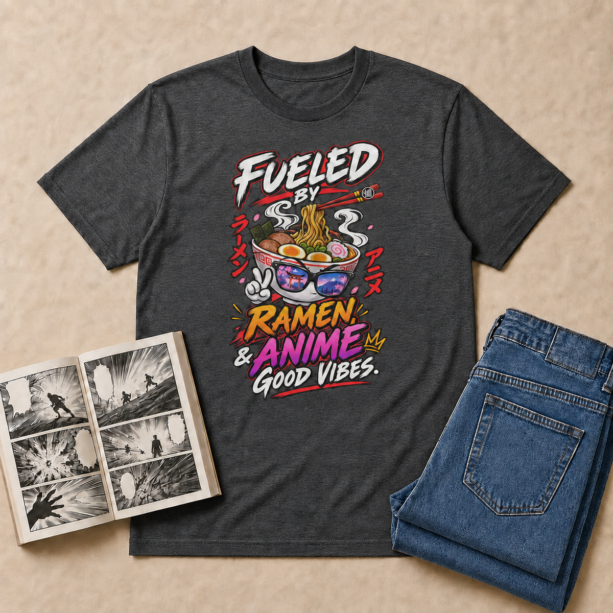 Fueled on Ramen, Anime & Good Vibes Anime T-Shirt — Dark Heather overhead flat-lay