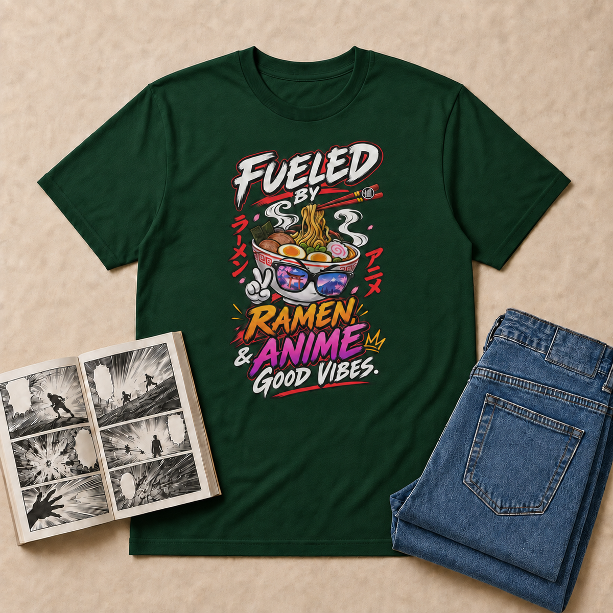 Fueled on Ramen, Anime & Good Vibes Anime T-Shirt — Forest Green overhead flat-lay