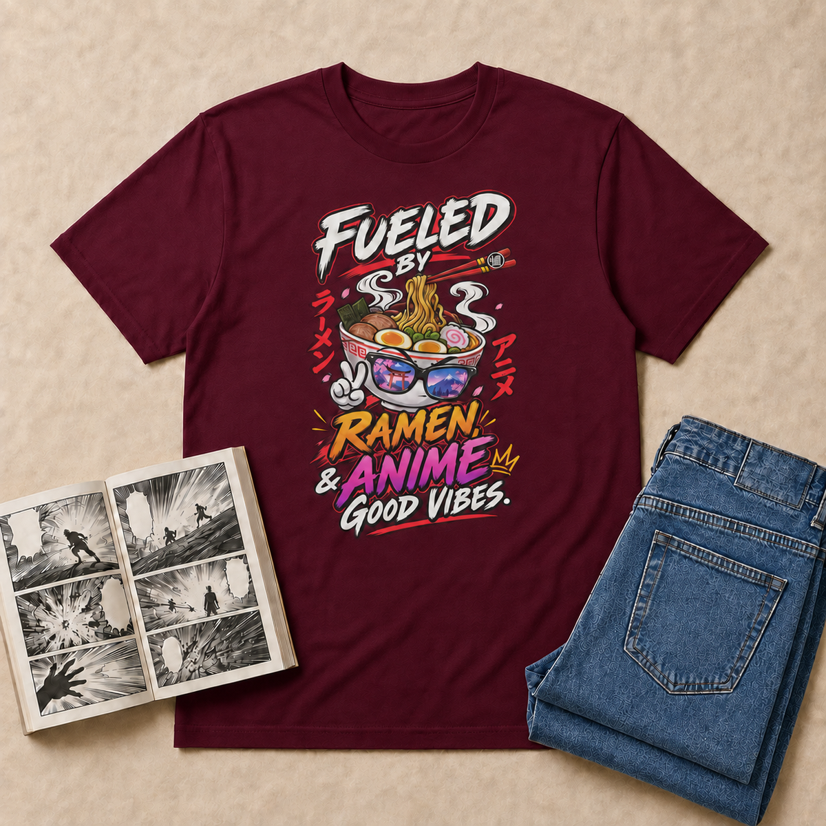 Fueled on Ramen, Anime & Good Vibes Anime T-Shirt — Maroon overhead flat-lay
