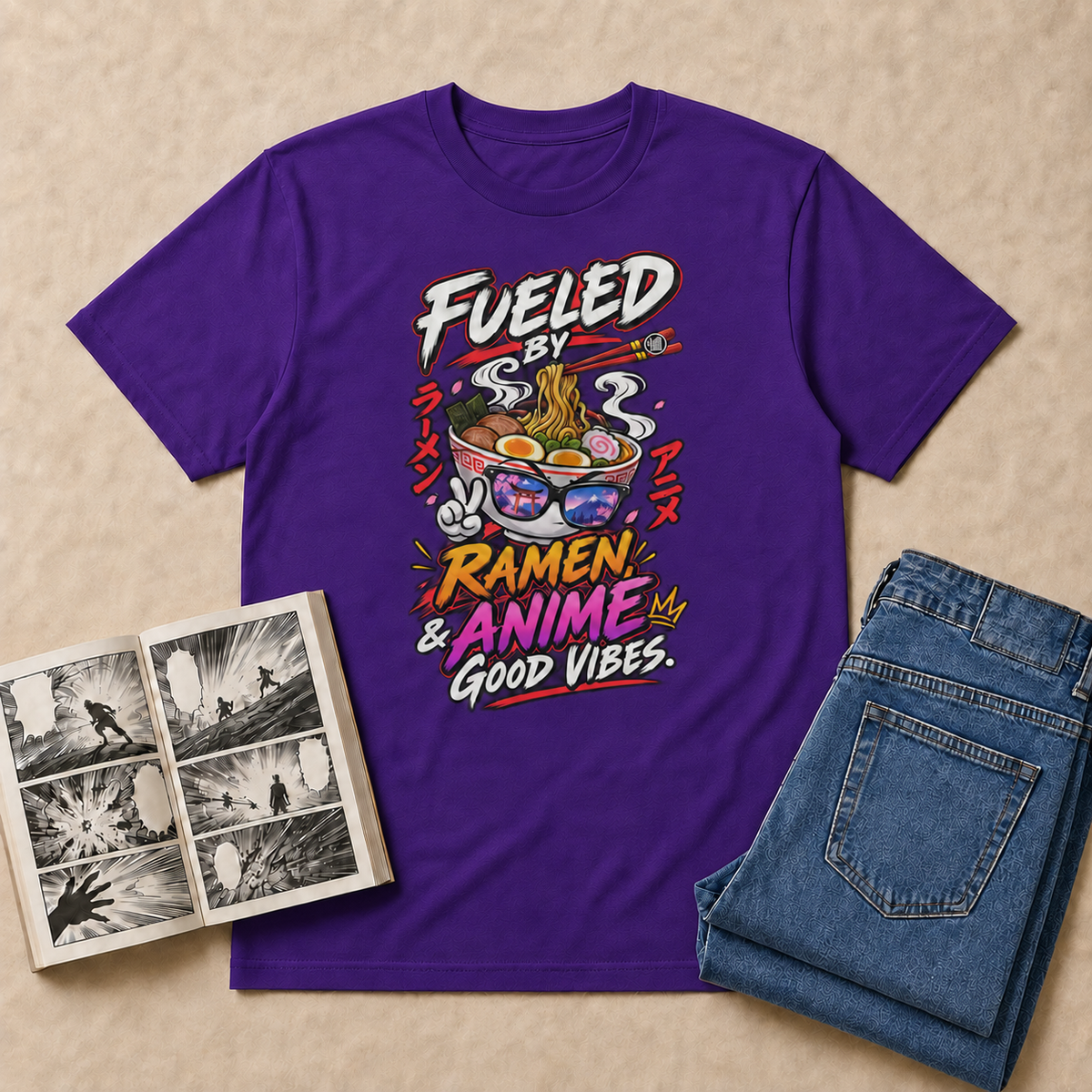 Fueled on Ramen, Anime & Good Vibes Anime T-Shirt — Purple overhead flat-lay