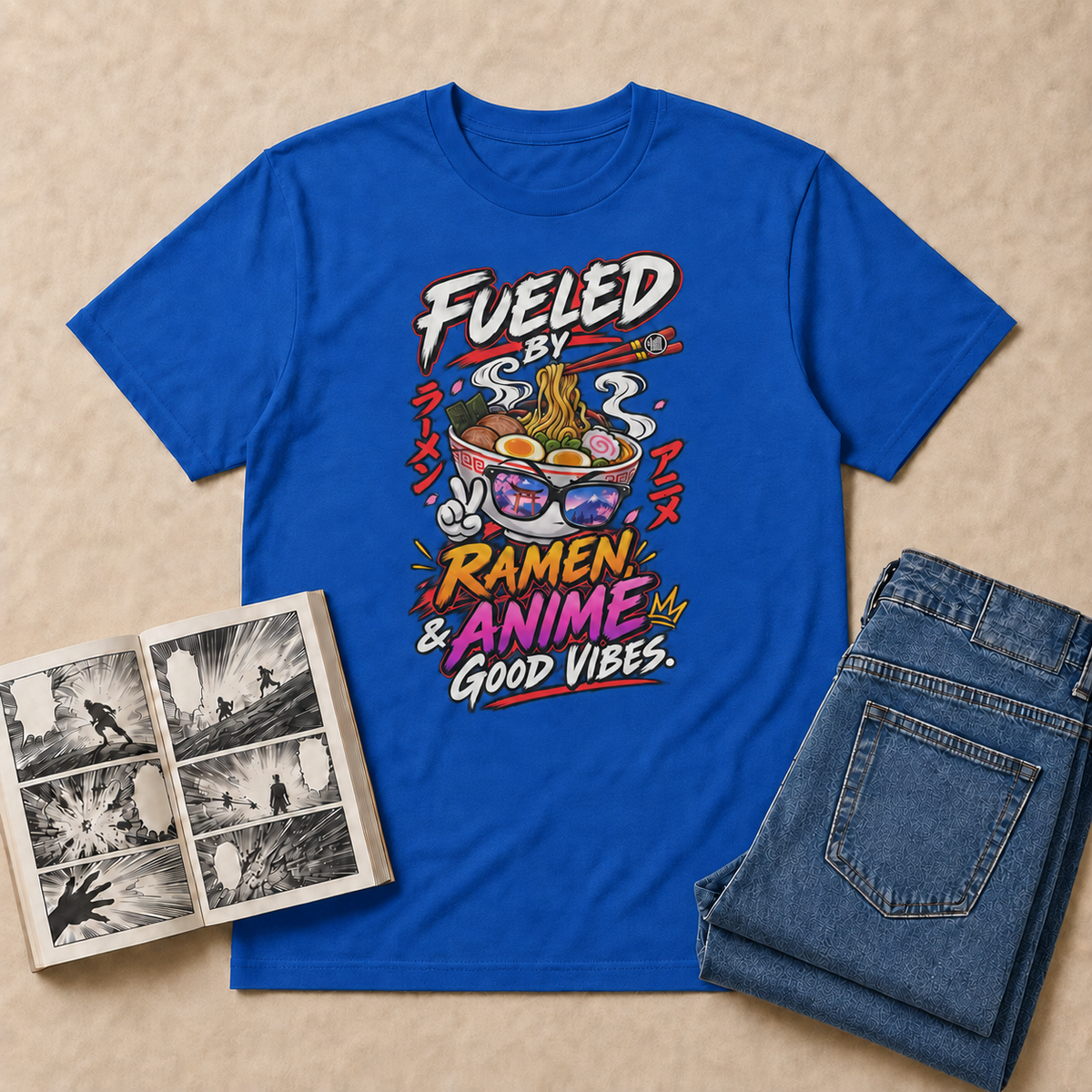 Fueled on Ramen, Anime & Good Vibes Anime T-Shirt — Royal overhead flat-lay