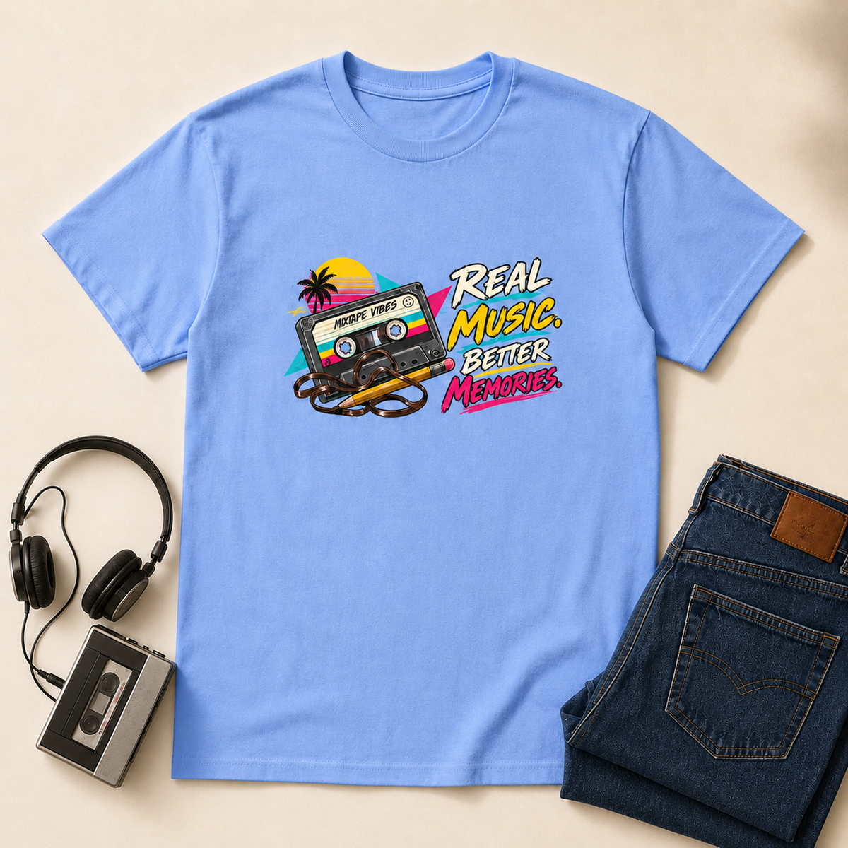 Real Music Retro T-Shirt standardized flat-lay mockup