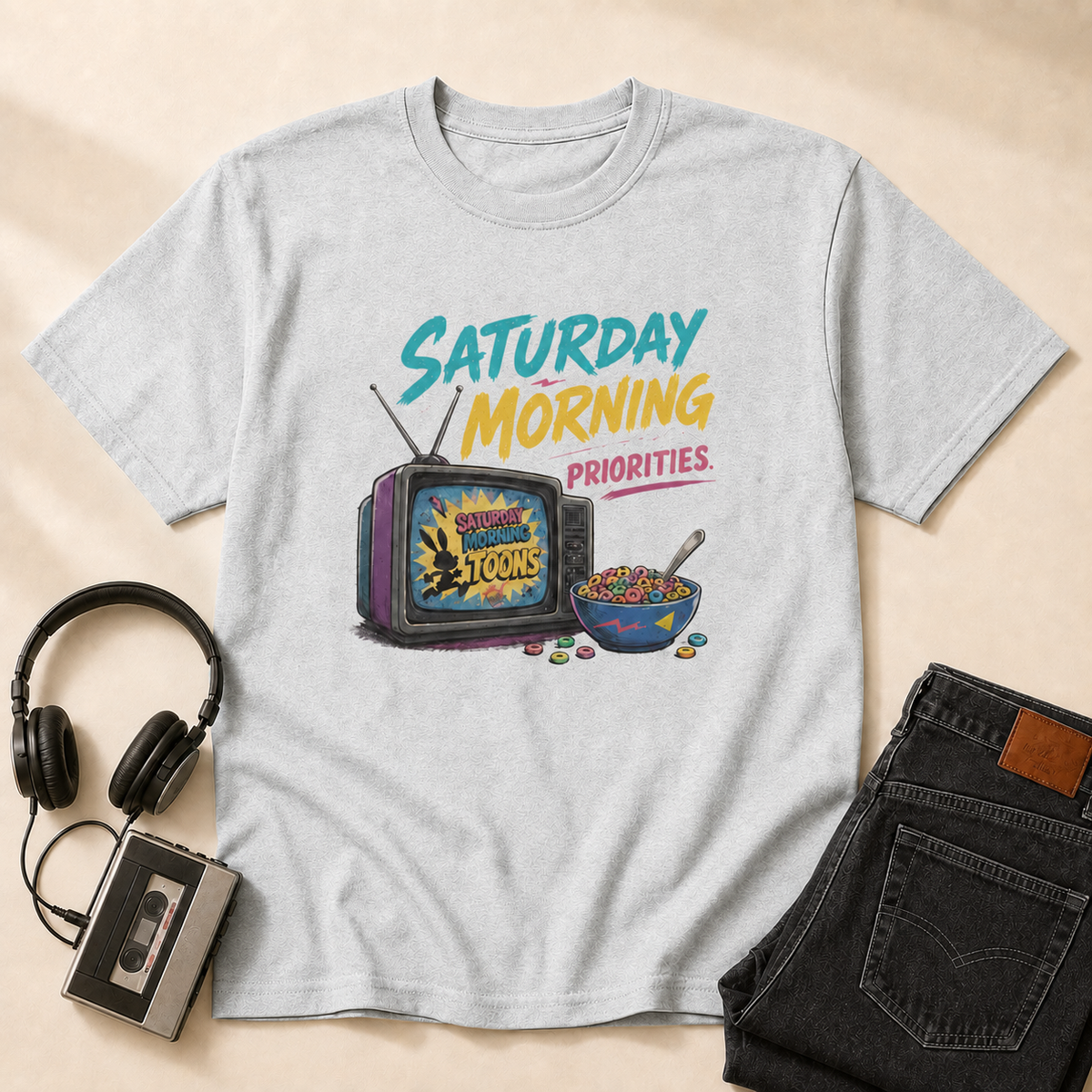 Saturday Morning Cartoons Retro T-Shirt - Ash