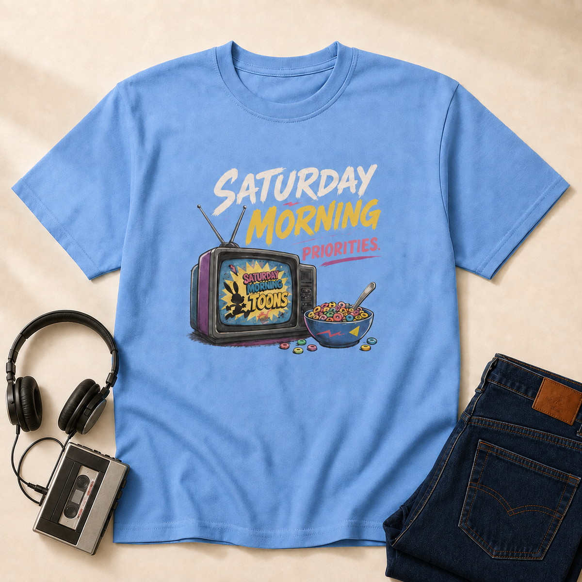 Saturday Morning Cartoons Retro T-Shirt - Carolina Blue