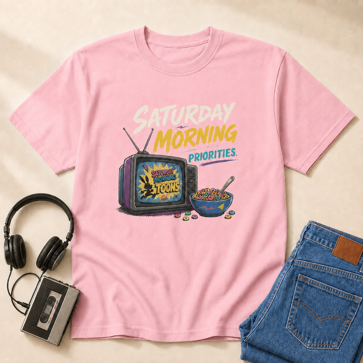 Saturday Morning Cartoons Retro T-Shirt - Light Pink