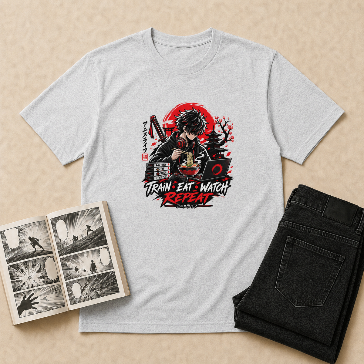 Train Eat Watch Anime T-Shirt - Ash