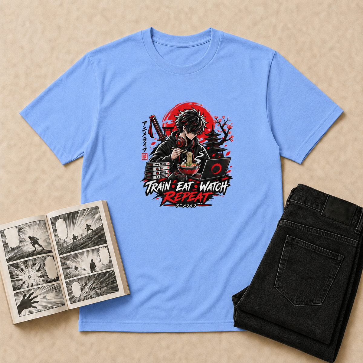Train Eat Watch Anime T-Shirt - Carolina Blue