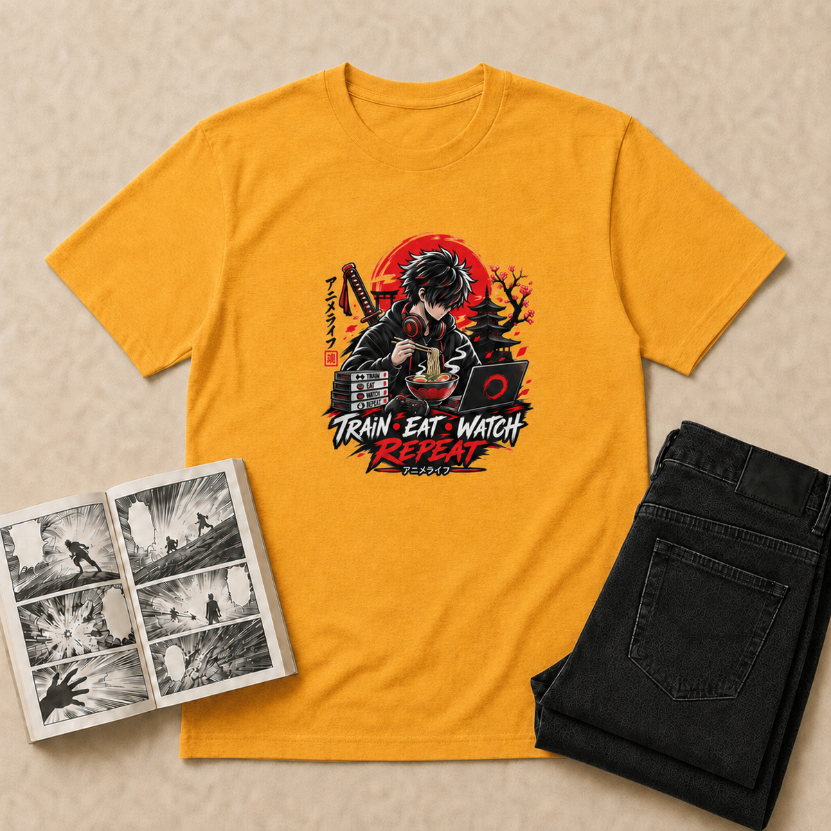 Train Eat Watch Anime T-Shirt - Gold