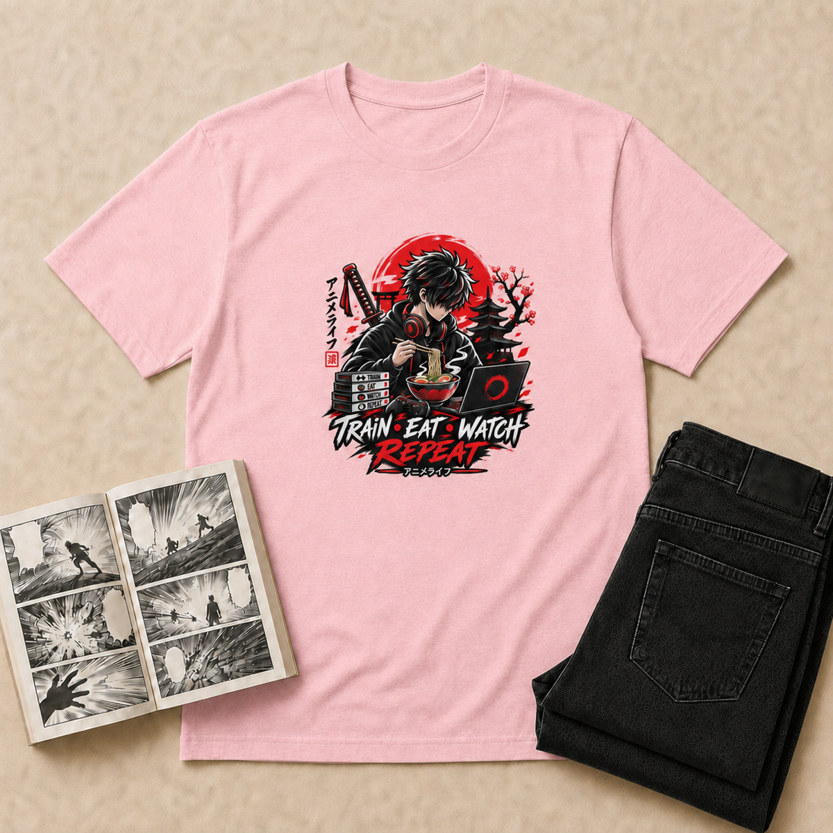 Train Eat Watch Anime T-Shirt - Light Pink