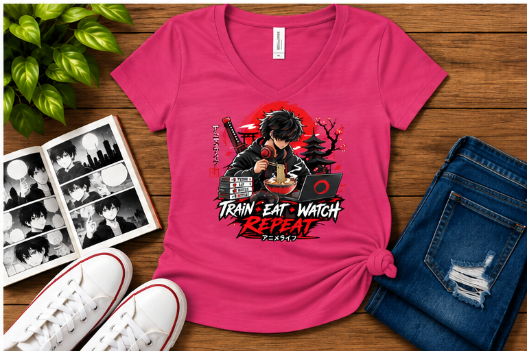 Train Eat Watch Anime — Women's Fit Berry flat-lay