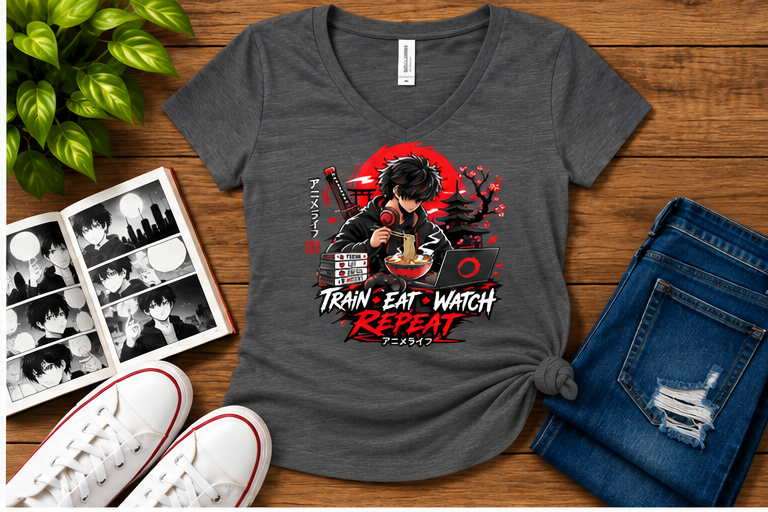 Train Eat Watch Anime — Women's Fit Dark Grey Heather flat-lay