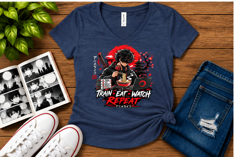 Train Eat Watch Anime — Women's Fit Heather Navy flat-lay
