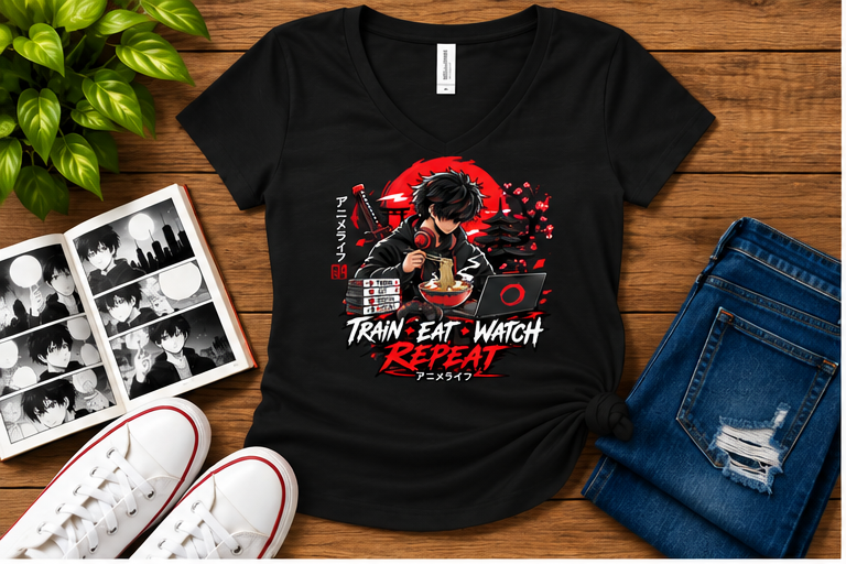 Train Eat Watch Anime — Women's Fit Solid Black Blend flat-lay
